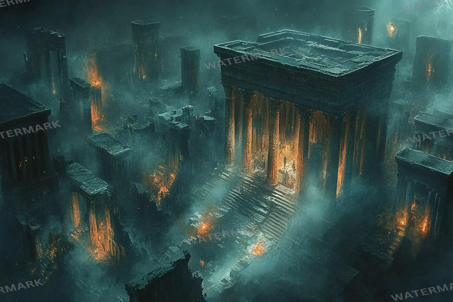 Ancient Ruins digital backdrop, 16:9 ratio. Overgrown ruins with sunlight filtering through mist, streaming and photography backdrops.
