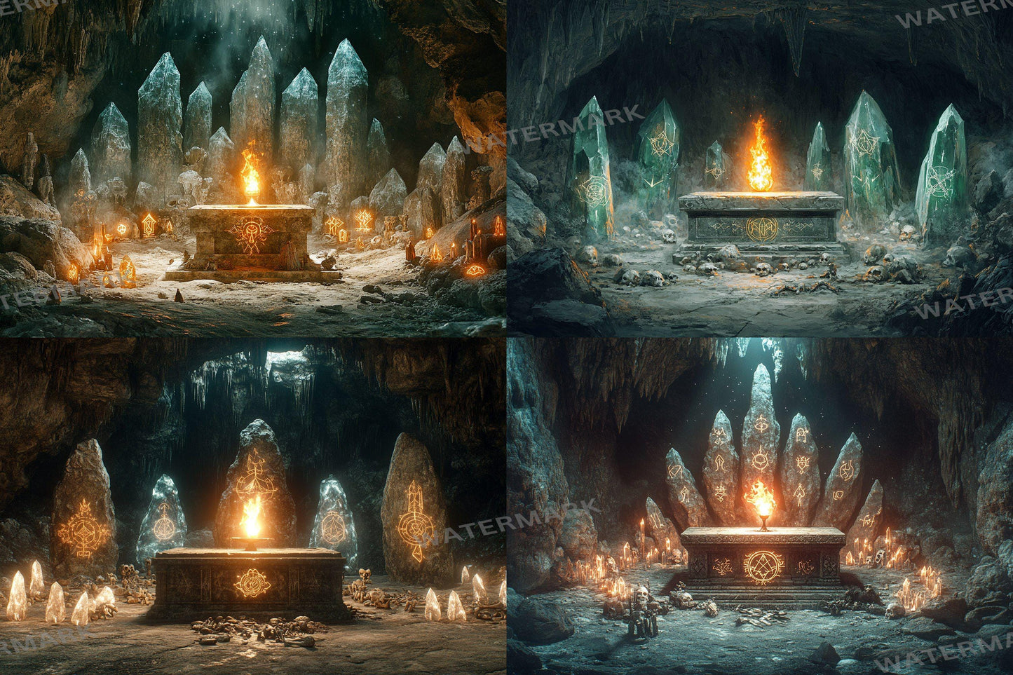 Ancient Cave Altar Backdrop: 3PNGs for Dark Fantasy Photography, Underground Ritual Chamber Scenes, Mystical Stone Digital Backdrops