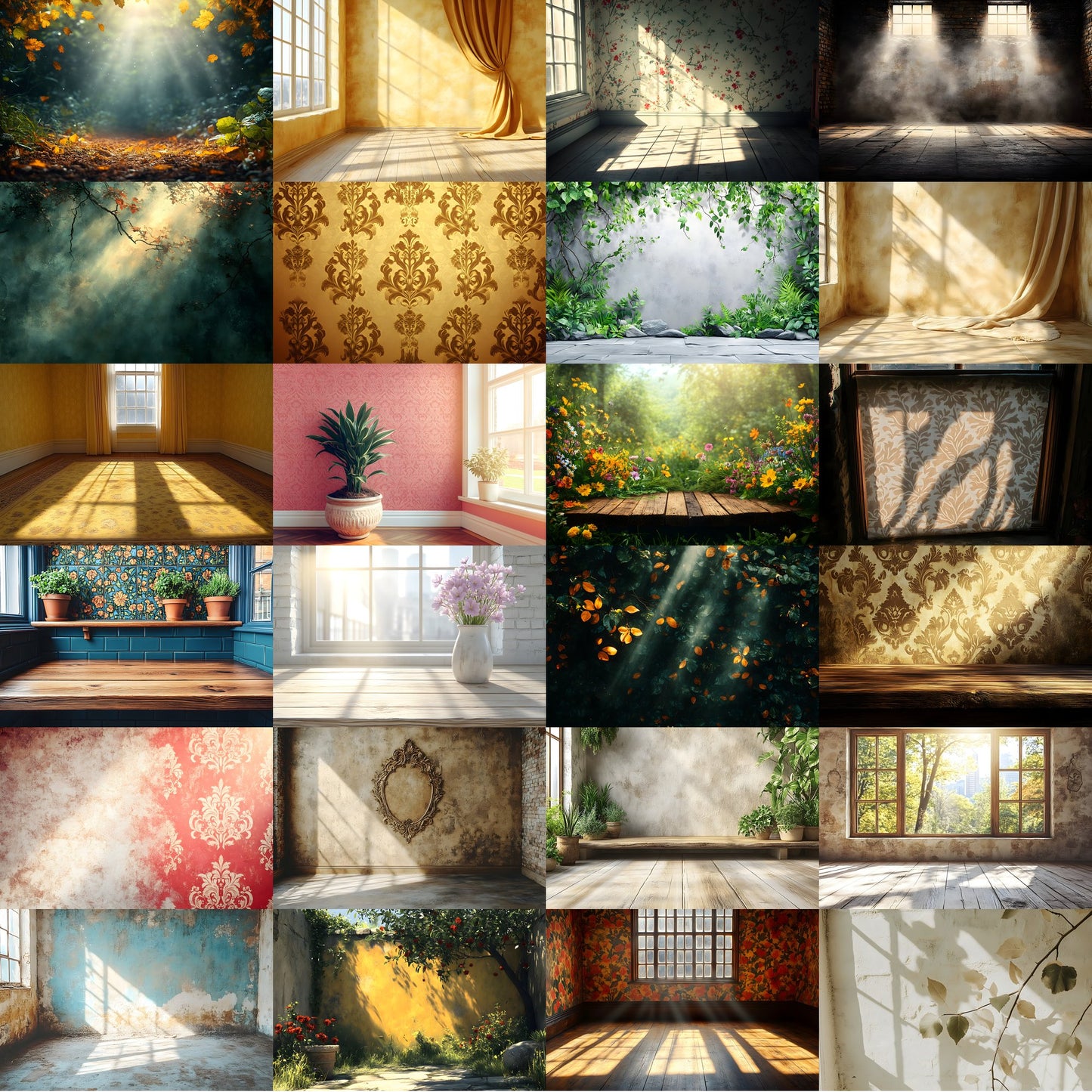 Vintage Sunlit Room Digital Backdrop, Wallpaper Background for Photography, Photo Editing, Dreamy Scene