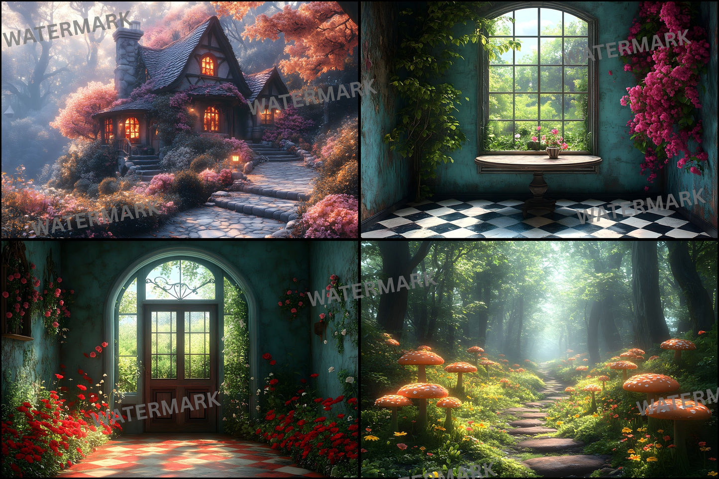 Alice in Wonderland Backdrop Set, Whimsical Digital Backgrounds for Photography, Fantasy Portrait Scenes, High-Res Wonderland Images