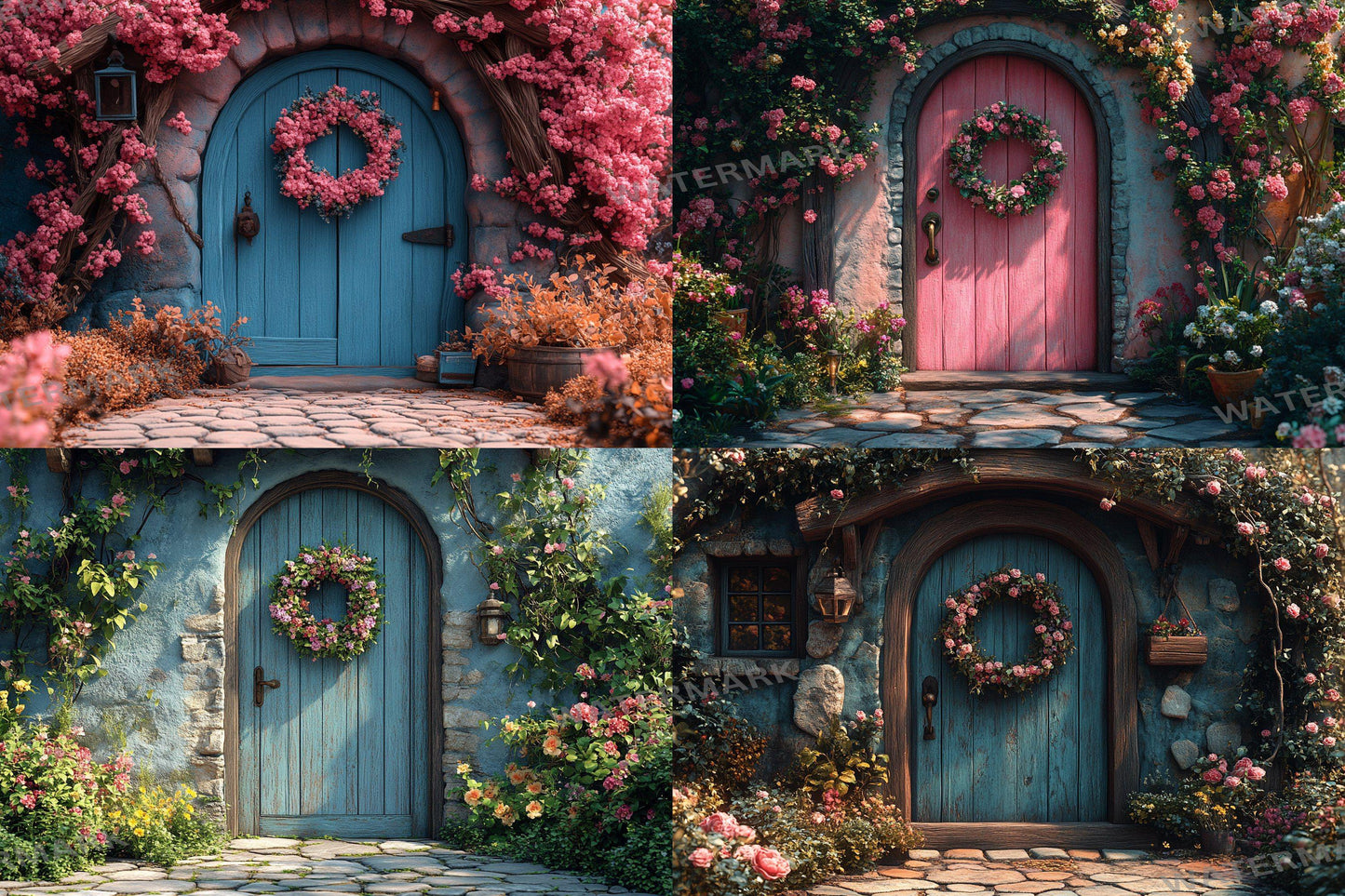 Pastel Cottage Door Backdrops, Fairy Tale Digital Backgrounds, Whimsical House Photography Props, Floral Entrance Composites