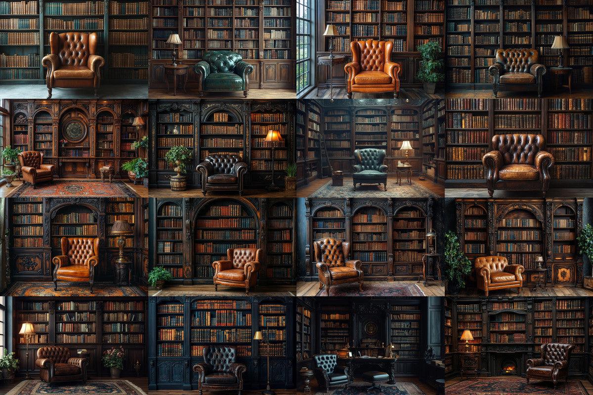 Warm Aesthetic Grand Victorian Bookcase Backdrops for Digital Artists Photographers - Ideal for Inviting Designs - 00x00px PNGs
