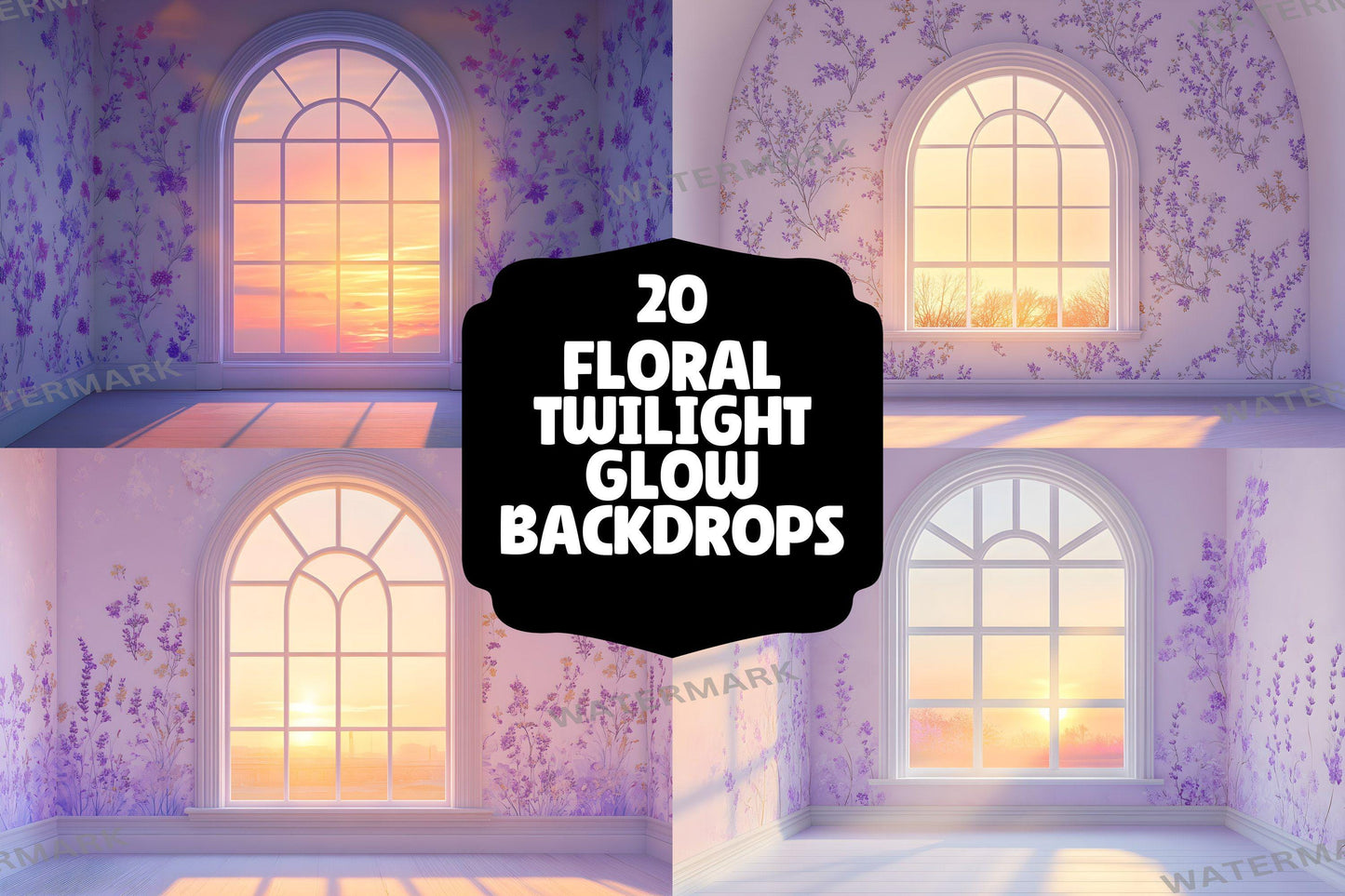 Floral Twilight Glow Backdrops, Soft Romantic Backgrounds, Maternity Backdrop, Photoshop Overlays - Window Backdrops - Sunset Backdrops
