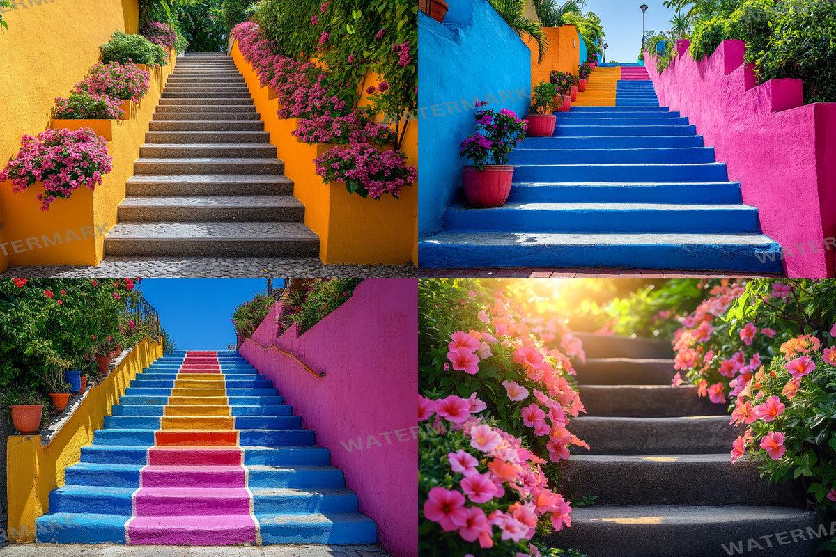 Urban Colorful Stairs - Photography Backdrops - Photoshop Backgrounds - Colourful Master Overlay - Photo Editing - Vibrant City Stairs