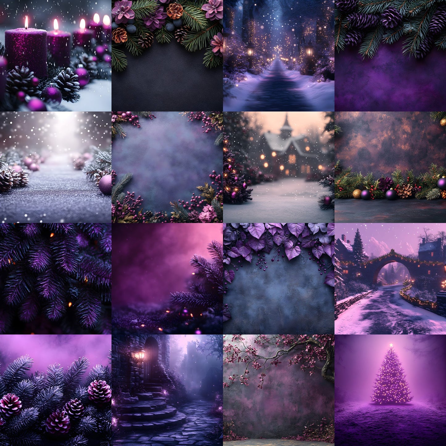 Gothic Purple Christmas Backdrop Set, Festive Holiday Backgrounds, Dark Winter Photography, Digital Photo Overlays, Fantasy Xmas Scenes