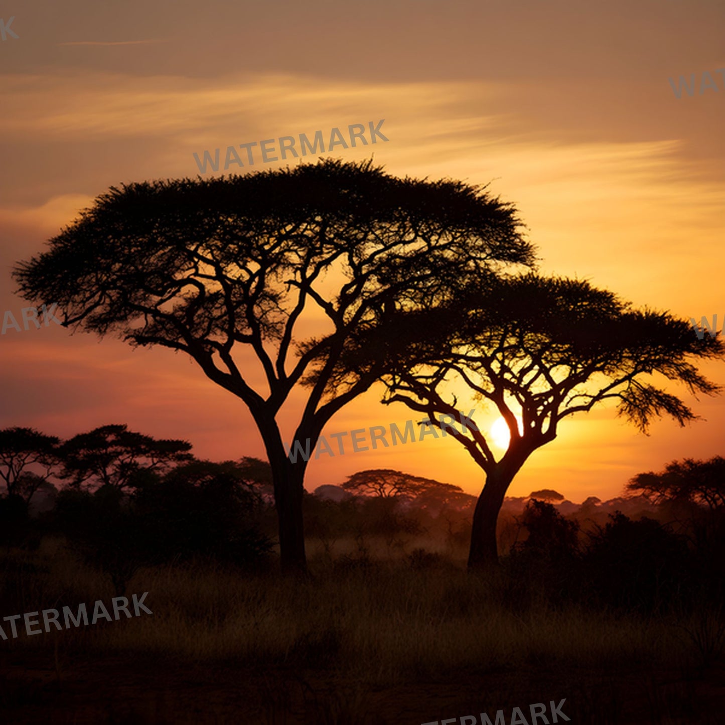 African Safari Sunset Digital Backdrop, Trees Photography Background for Wildlife, Nature Photo, Square High-Resolution Image, Instant Download