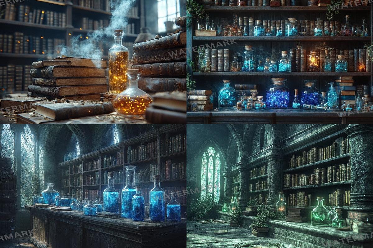 ALCHEMISTS LIBRARY - 4Magical Witchcraft Photography Backdrops in Warm Aesthetic Ideal for Artists Designers