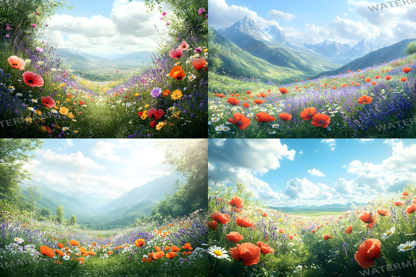 Meadow Bliss Backdrops - Stunning Wildflower Fields Landscape Photography Backgrounds - Floral Backdrops - Wedding, Maternity Backdrop