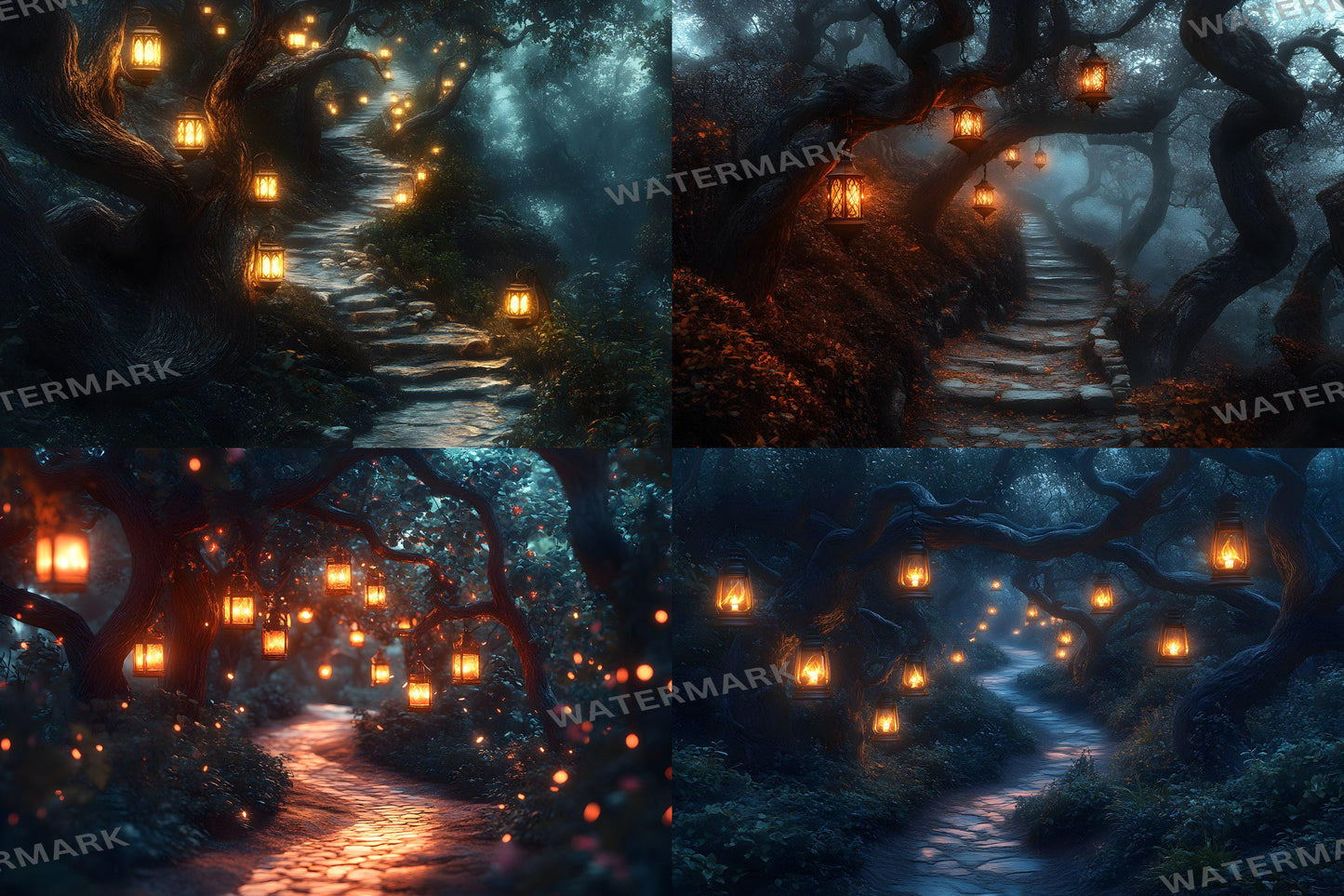 Lantern Pathway Magic Backdrops - Enchanted Forest and Glowing Night Trails Digital Backgrounds for Photoshop & Master Overlays