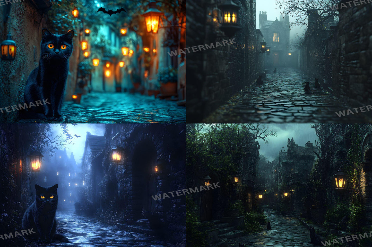 Black Cat Alley Backdrops, Night Urban Moody City Digital Background - Feline, Mysterious Dark Street Scene, Witchcraft - Witch's Cat
