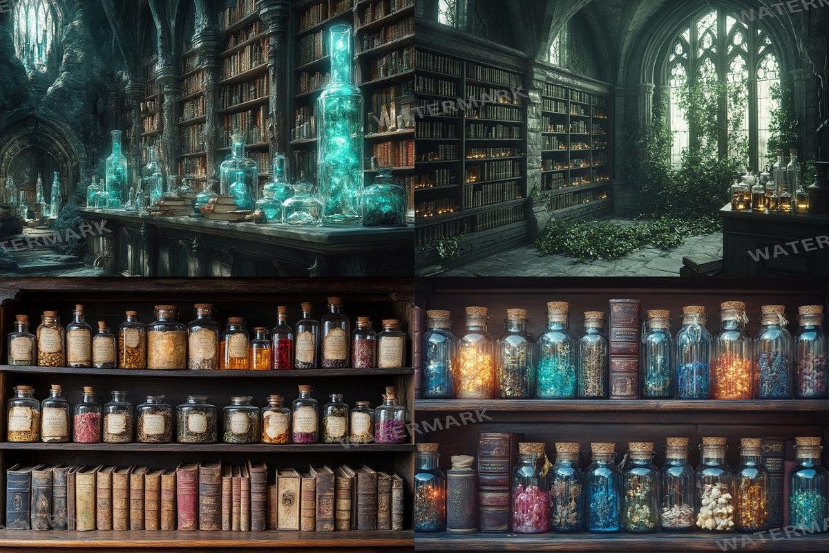 ALCHEMISTS LIBRARY - 4Magical Witchcraft Photography Backdrops in Warm Aesthetic Ideal for Artists Designers