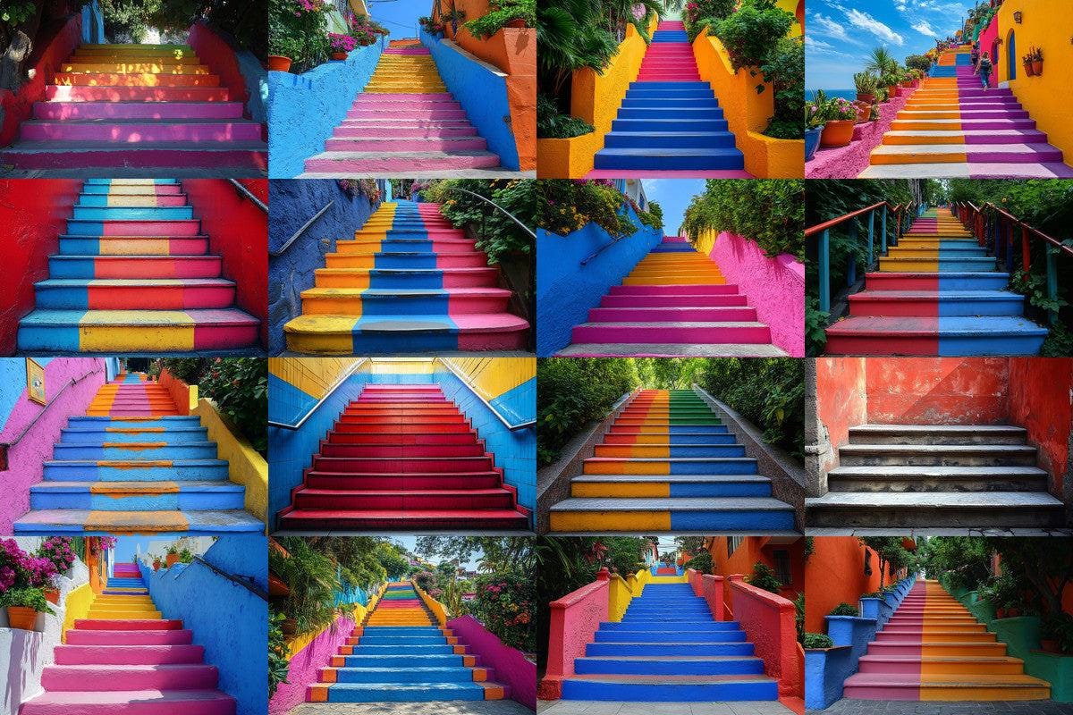 Urban Colorful Stairs - Photography Backdrops - Photoshop Backgrounds - Colourful Master Overlay - Photo Editing - Vibrant City Stairs