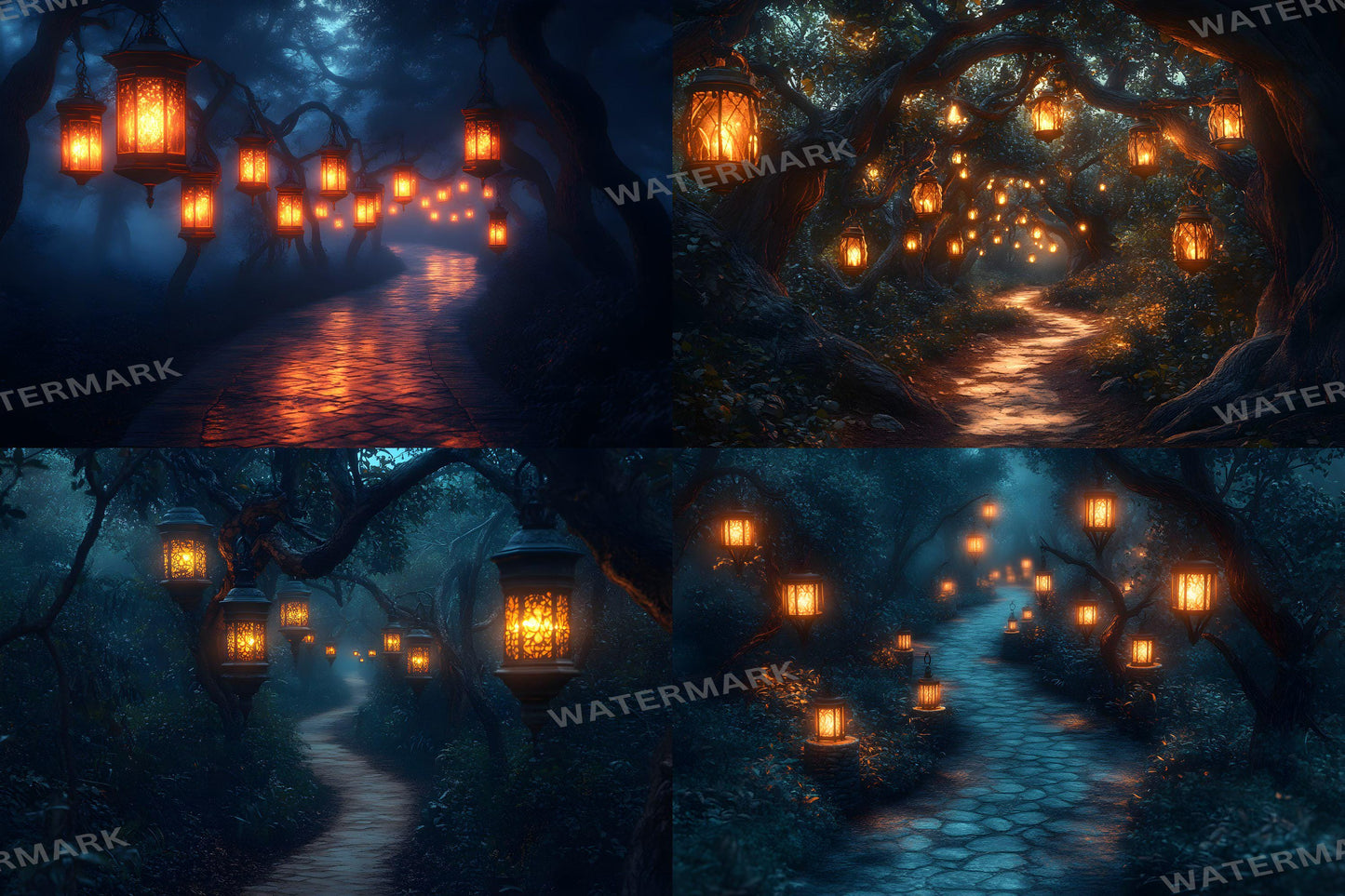 Lantern Pathway Magic Backdrops - Enchanted Forest and Glowing Night Trails Digital Backgrounds for Photoshop & Master Overlays