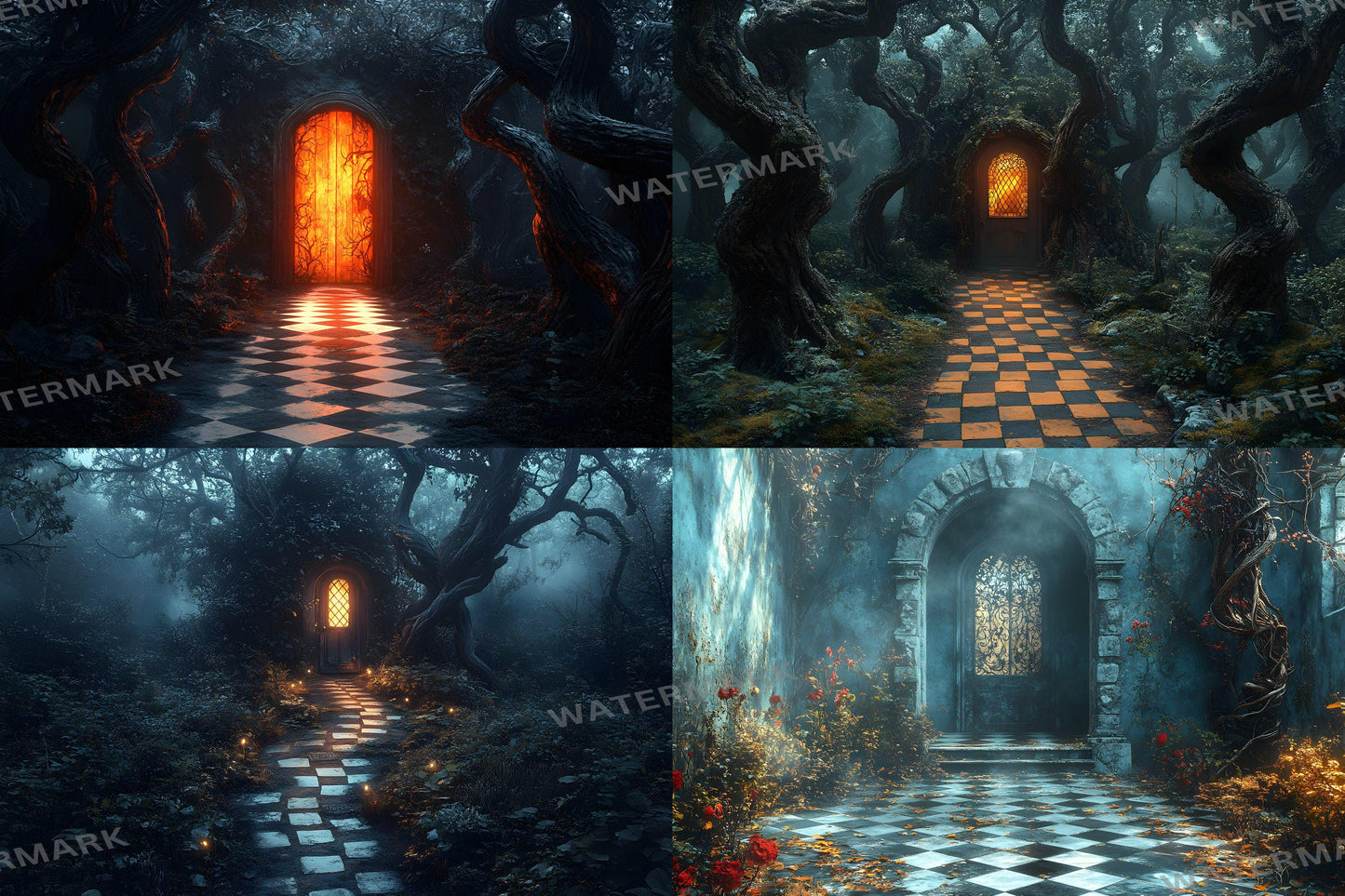 Alice in Wonderland Backdrops - Checkered Garden Path Backdrops, Outdoor Fantasy Green Walkway Photo Booth Prop, Fantasy Magical Scene