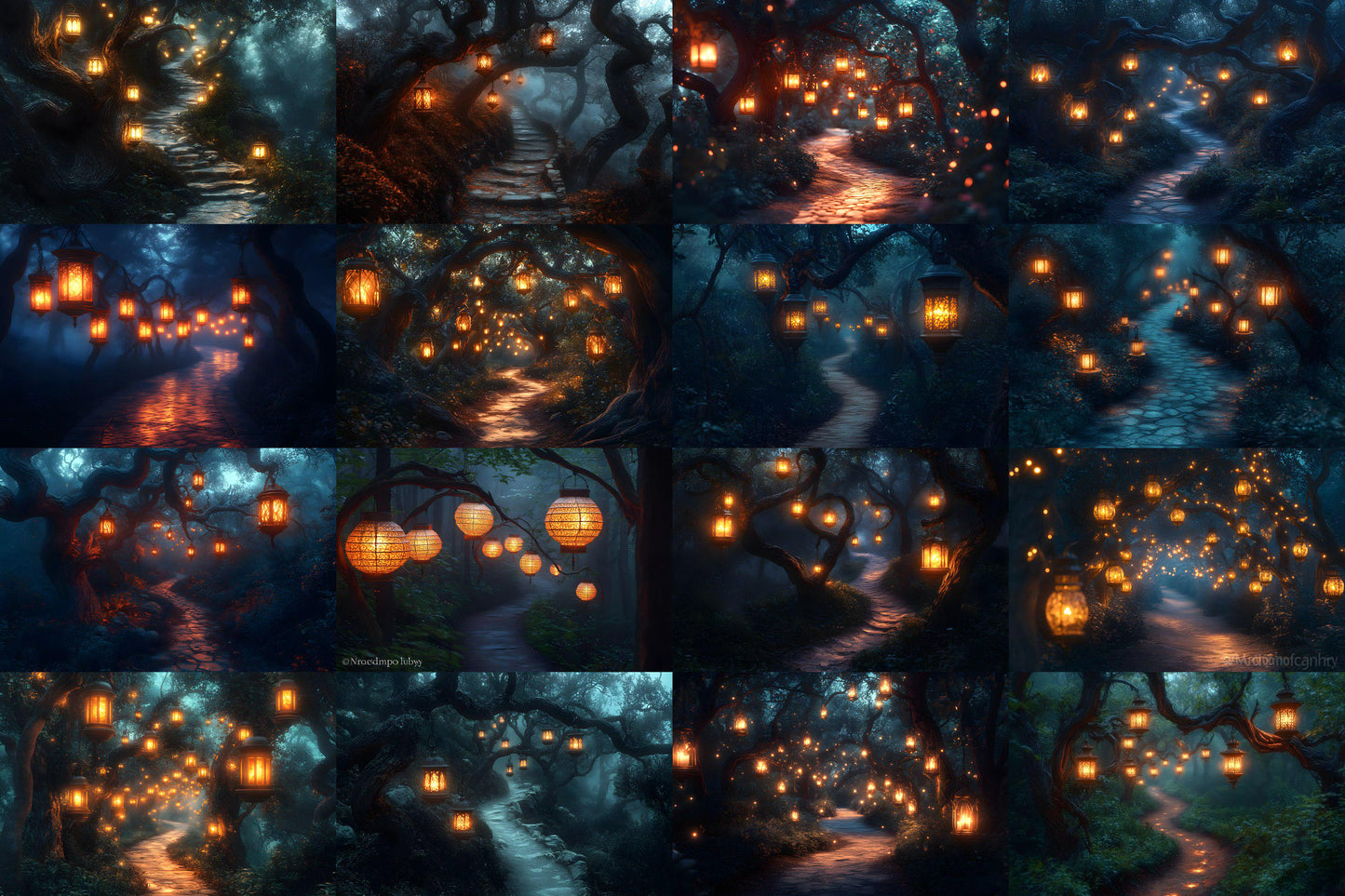 Lantern Pathway Magic Backdrops - Enchanted Forest and Glowing Night Trails Digital Backgrounds for Photoshop & Master Overlays