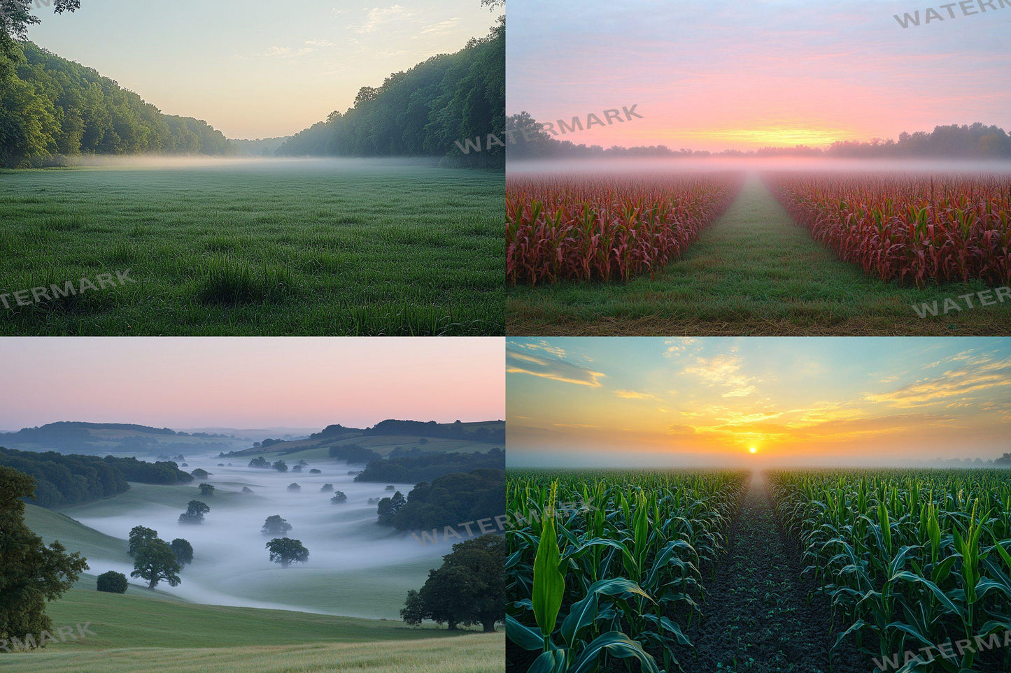 Misty Morning Fields Backdrops, Serene Countryside Digital Backgrounds, Sunrise Nature Photography Props, Rural Landscape Composites