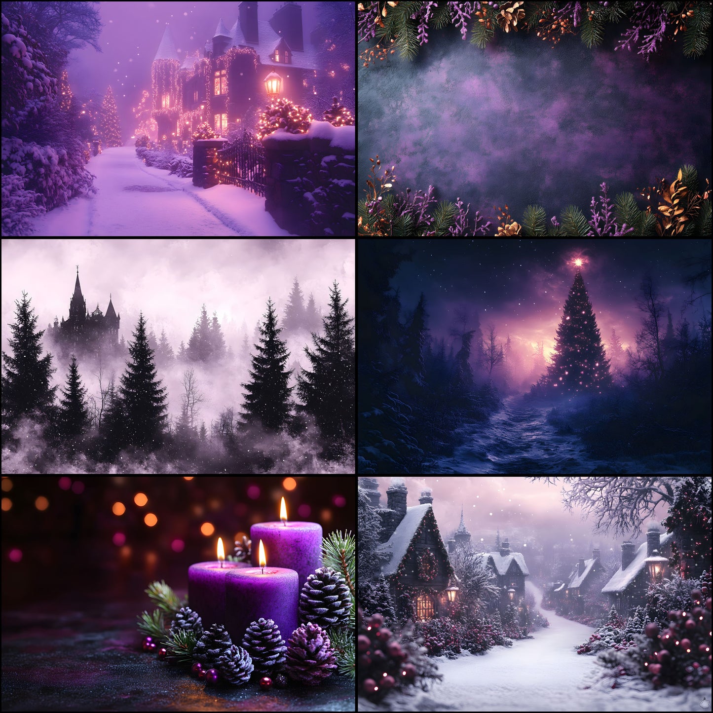 Gothic Purple Christmas Backdrop Set, Fantasy Holiday Backgrounds for Photography, Dark Festive Digital Backdrops, Winter Photo Overlays