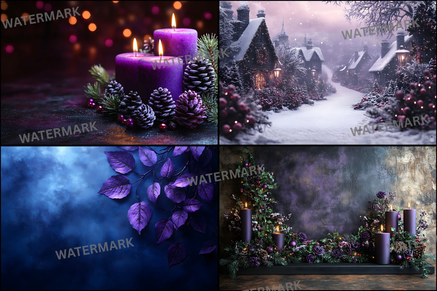 Gothic Purple Christmas Backdrop Set, Fantasy Holiday Backgrounds for Photography, Dark Festive Digital Backdrops, Winter Photo Overlays