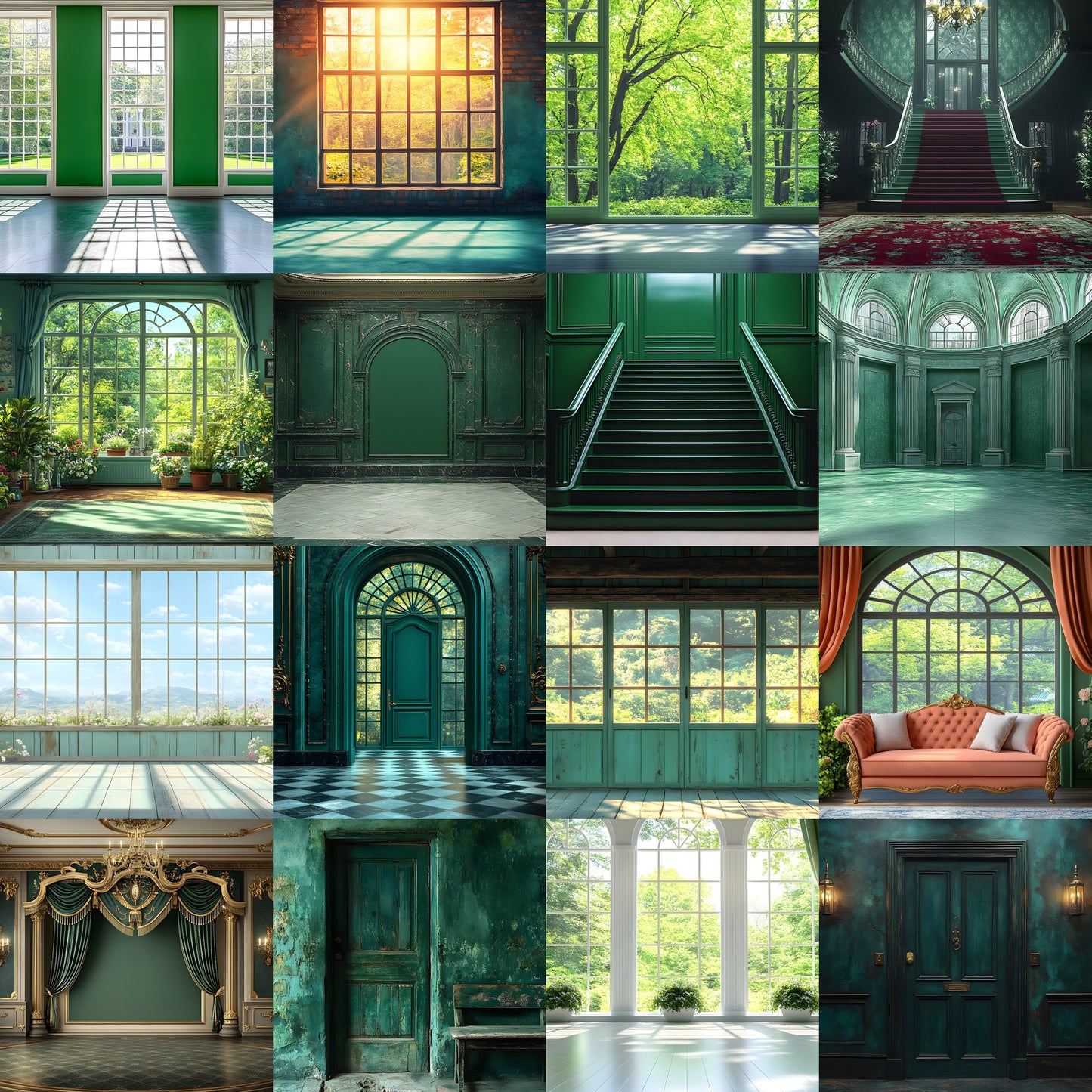 Royal Green Interior Digital Backdrop Collection, Photography Backgrounds, Elegant Home Photo Overlays, High-Resolution Images for Composites