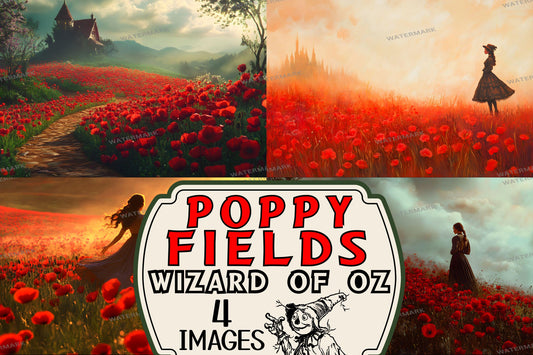 Enchanted Poppy Fields Digital Backdrop, Wizard of Oz Photography Background with Figures, Red Flower Fantasy Landscape Art