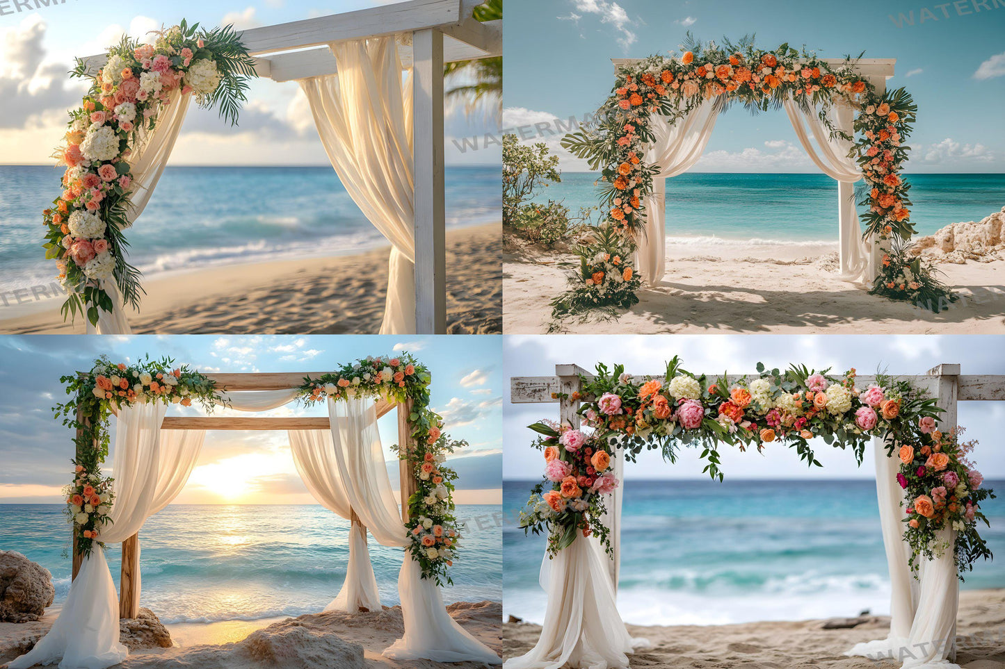 Beachfront Bliss Backdrops, Digital Tropical Wedding Background, Seaside Ocean Photo Booth Prop, Summer Coastal Photography Scene Assets