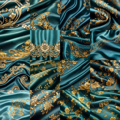 Teal Gold Embroidered Satin Digital Backdrop, Luxury Photo Background, Elegant Portrait Photography, Wedding, Newborn, Images