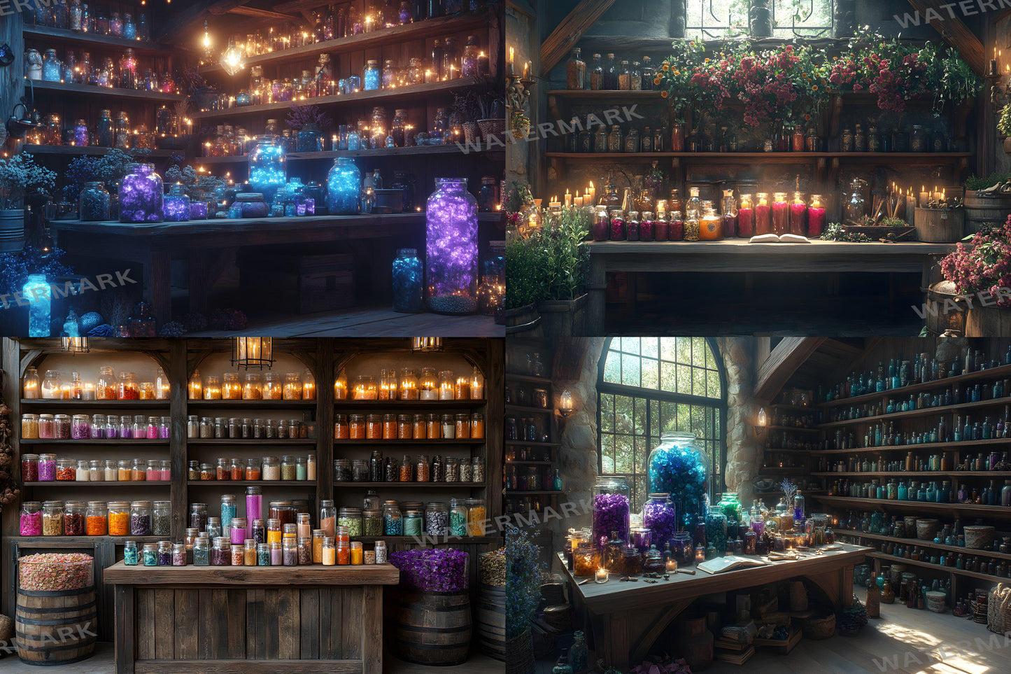 Potion Sanctuary Backdrops, Witchy Apothecary Digital Backgrounds, Magical Alchemy Lab, Enchanted Potion Room, Mystic Fantasy Aesthetic