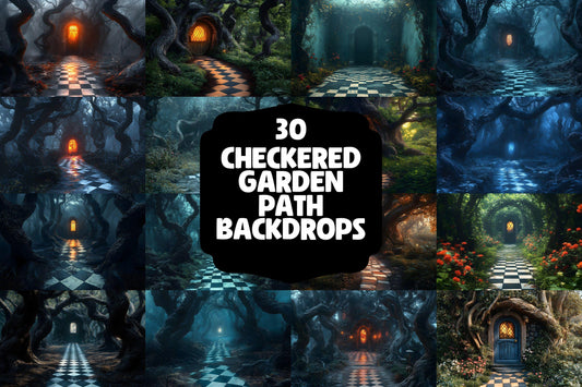 Alice in Wonderland Backdrops -  Checkered Garden Path Backdrops,  Outdoor Fantasy Green Walkway Photo Booth Prop, Fantasy Magical Scene