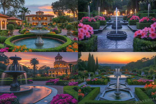 Baroque Fountains Garden Backdrops - Elegant Estate Photography Backgrounds - Lush European Landscapes - Garden Digital Download