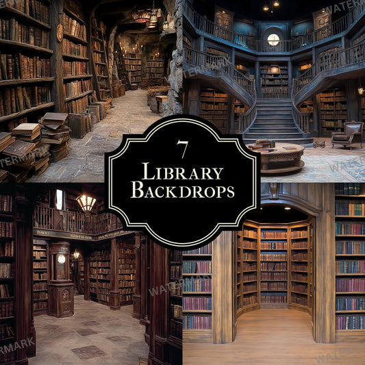 Wizard School Library 7 Photography Backdrops - Magical, Vintage Bookcases, Dark Academia, Enchanted Study Spaces