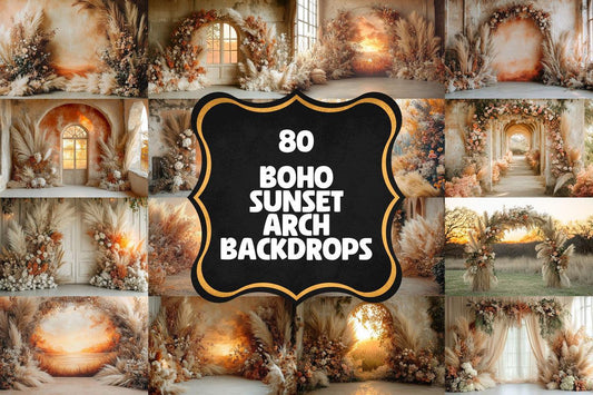 Boho Background - Sunset Arch Photography Backdrops - 8Warm Aesthetic PNGs for Digital Art  & Photography - Commercial Use