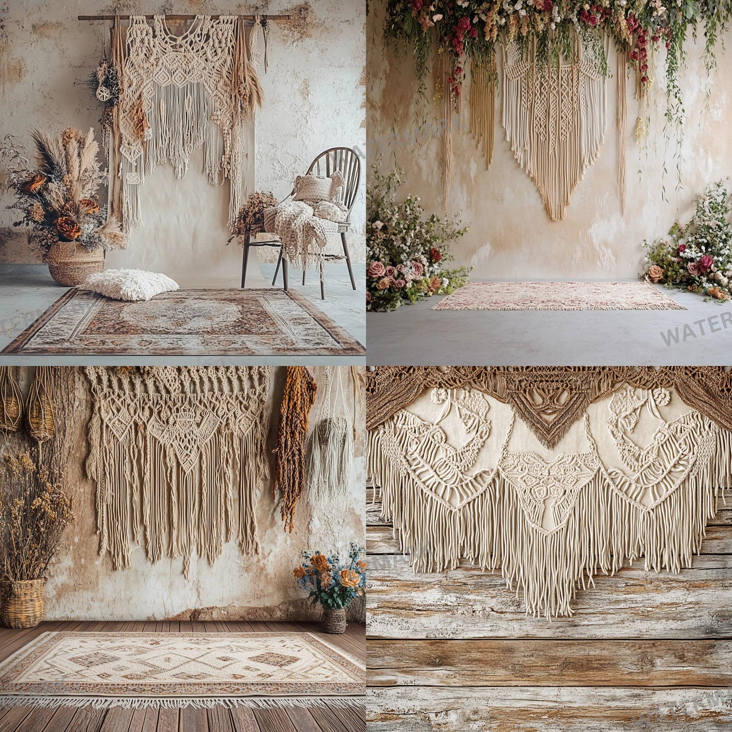 Boho Chic Backdrops | Macrame & Floral Rustic Digital Backgrounds | Boho Photography - Boho Scene, Photoshop, Indoor Photography Backdrop