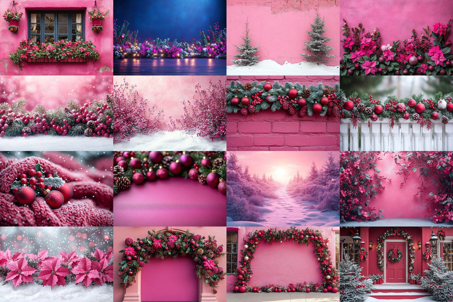 Fuchsia Outdoor Christmas Backdrops | Digital Winter Wonderland Scenes | Holiday Photography Backgrounds - Pink Christmas Backgrounds
