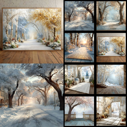 White Gold Christmas Backdrop, Snowy Outdoor Scene, Square Digital Background for Holiday Photography, Winter Wonderland Photo Prop, Festive Portrait