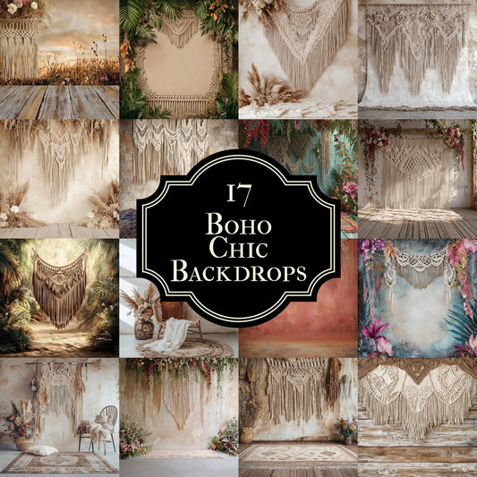 Boho Chic Backdrops | Macrame & Floral Rustic Digital Backgrounds | Boho Photography - Boho Scene, Photoshop, Indoor Photography Backdrop