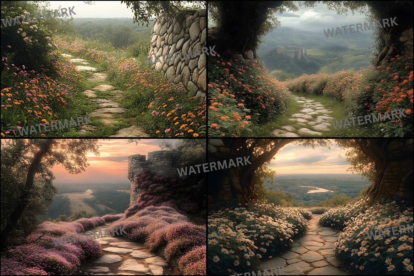 Wildflower Castle Backdrop, Wall View Digital Backgrounds, Fantasy Photography, Images, Enchanted Scene, Dreamy Photo Overlays