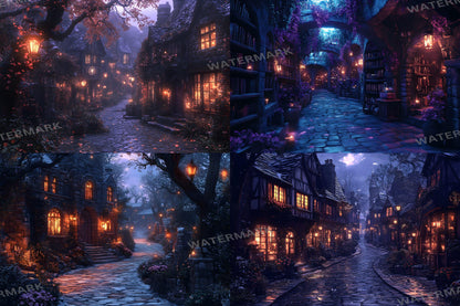 Wizard's Alley Backdrops, Magical Marketplace Scenes, Enchanted Shopfronts, Mystical Street Paths, Fantasy Digital Backgrounds