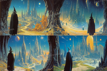 Wizard Walk digital backdrop, 16:9 ratio. Magical forest path with glowing lights and ancient ruins, perfect for streaming or TV wallpaper