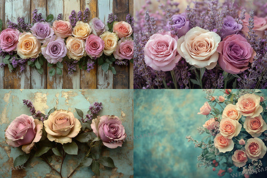 Vintage rose bouquet digital backdrops, floral PNG overlays, shabby chic photography backgrounds, pink flower scene composite props