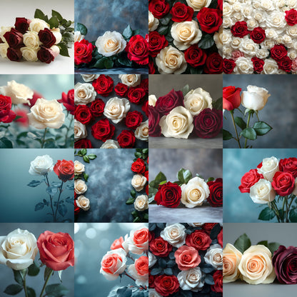 White Red Roses Photography Backdrop, Elegant Floral Background for Portraits, Wedding Photo Booth, Digital Download, Ratio