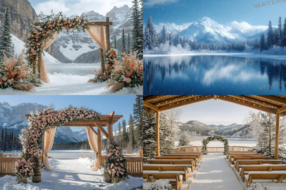 Snowy Mountain Wedding Backdrops - Romantic Alpine Digital Backgrounds