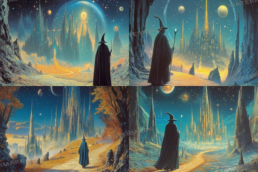 Wizard Walk digital backdrop, 16:9 ratio. Magical forest path with glowing lights and ancient ruins, perfect for streaming or TV wallpaper