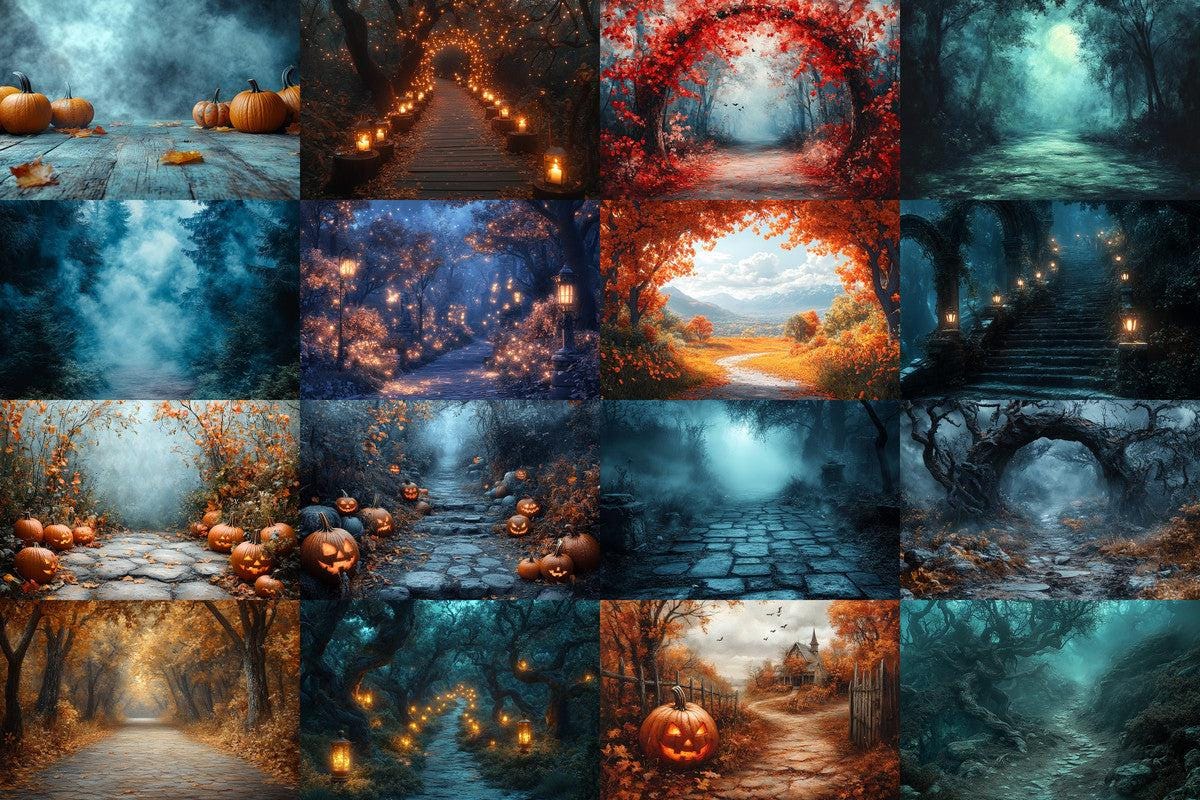 Halloween Forest Scene Photography Backdrops - 4High-Resolution PNG Backgrounds for Photoshop - Master Overlay for Creative Photo Editing