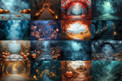 Halloween Forest Scene Photography Backdrops - 4High-Resolution PNG Backgrounds for Photoshop - Master Overlay for Creative Photo Editing