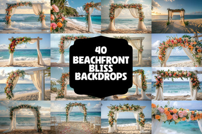 Beachfront Bliss Backdrops, Digital Tropical Wedding Background, Seaside Ocean Photo Booth Prop, Summer Coastal Photography Scene Assets