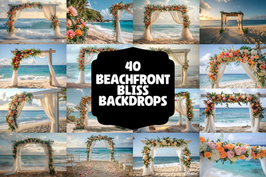 Beachfront Bliss Backdrops, Digital Tropical Wedding Background, Seaside Ocean Photo Booth Prop, Summer Coastal Photography Scene Assets