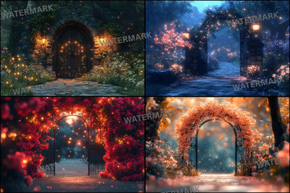 Whimsical Garden Arch Door Digital Backdrop, Fairytale Photography Background, Enchanted Forest Photo Prop, for Portrait Photography