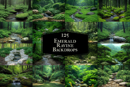 Emerald Ravine Forest Backdrops - Woodland Backgrounds, Lush Green Trees, Nature - Perfect for Photoshop Composites Master Overlays