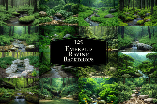 Emerald Ravine Forest Backdrops - Woodland Backgrounds, Lush Green Trees, Nature - Perfect for Photoshop Composites Master Overlays