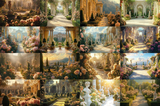 Lush Baroque Garden Backdrops, Ornate Formal Fountain Digital Background, Vintage Historical Palace Estate Botanical Garden Rococo Style